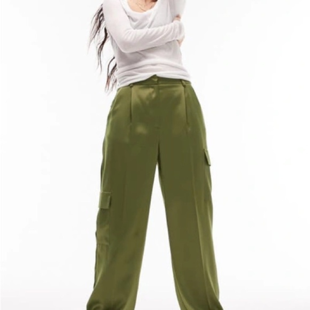 Topshop Olive Green Wide Leg Cargo Trousers Women’s Size 6 Bin P - Picture 2 of 6